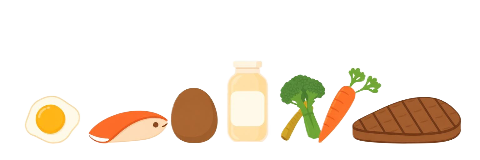 Illustration of eggs, fish, potato, protein shake, vegetables, and steak